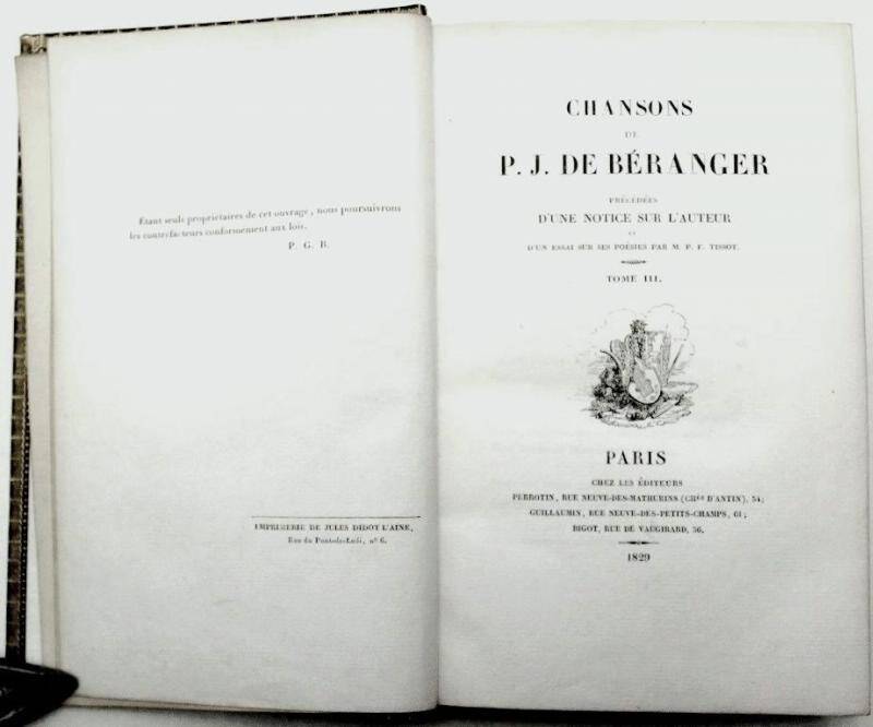 Старопечатная книга. Пьер Жан де Беранже. Шансон. Том. 3. Париж, 1829.