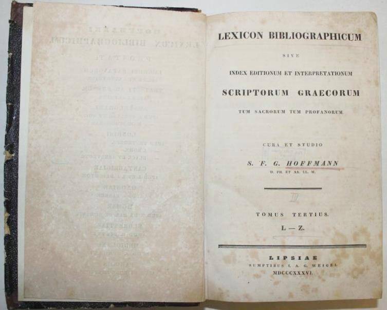 Книга. Lexicon bibliographicum... (Библиографический словарь). Лейпциг, Изд. Вайгель,1836.