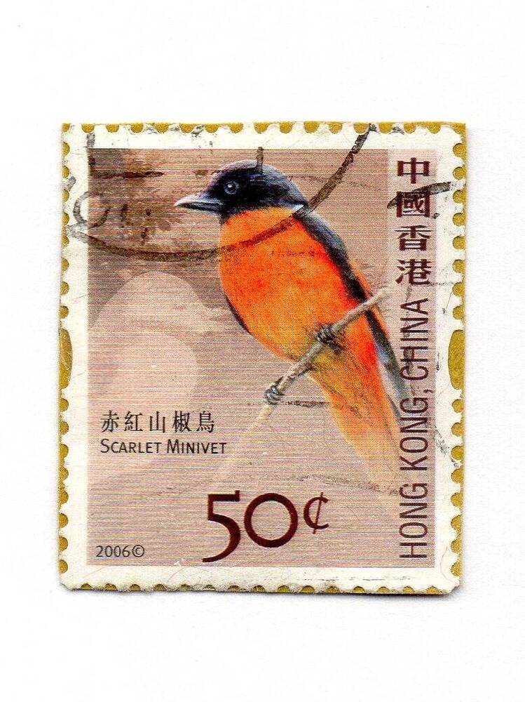 Марка почтовая «Огненнобрюхий длиннохвостый личинкоед», Гонконг, Китай