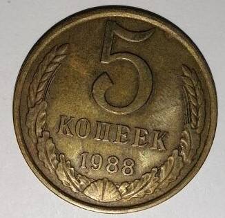 Монета. 5 копеек. Союз Советских Социалистических Республик,  Ленинград 1988 г.