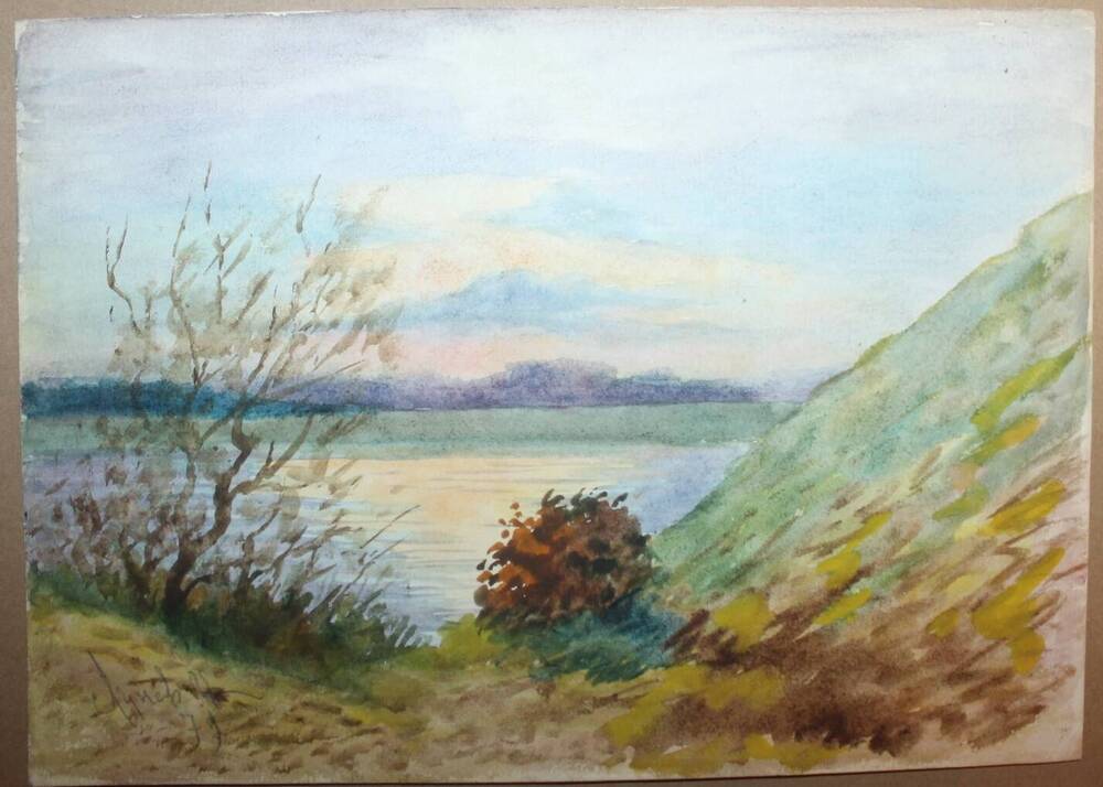 Рисунок Осенний пейзаж. Вид на реку, автор Н.А. Лунев
