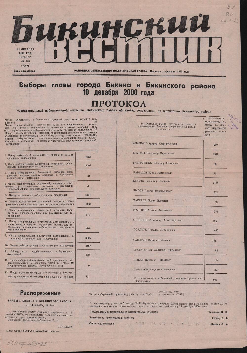 Лист газеты Бикинский Вестник (Районная общественно-политическая газета) ,за 14 декабря 2000 г.