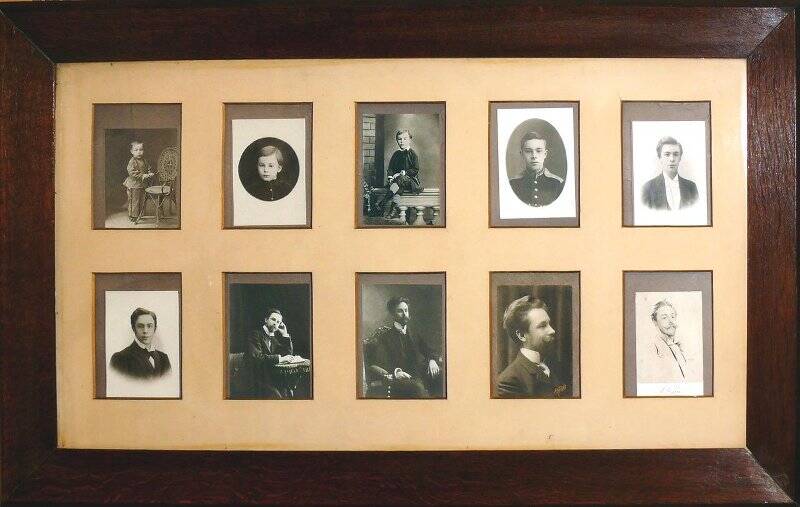 10 портретов А.Н. Скрябина с 1873 по 1911 гг. в одной раме под стеклом. Подарок А.Н. Скрябину от О.И. Монигетти в 1911 г.