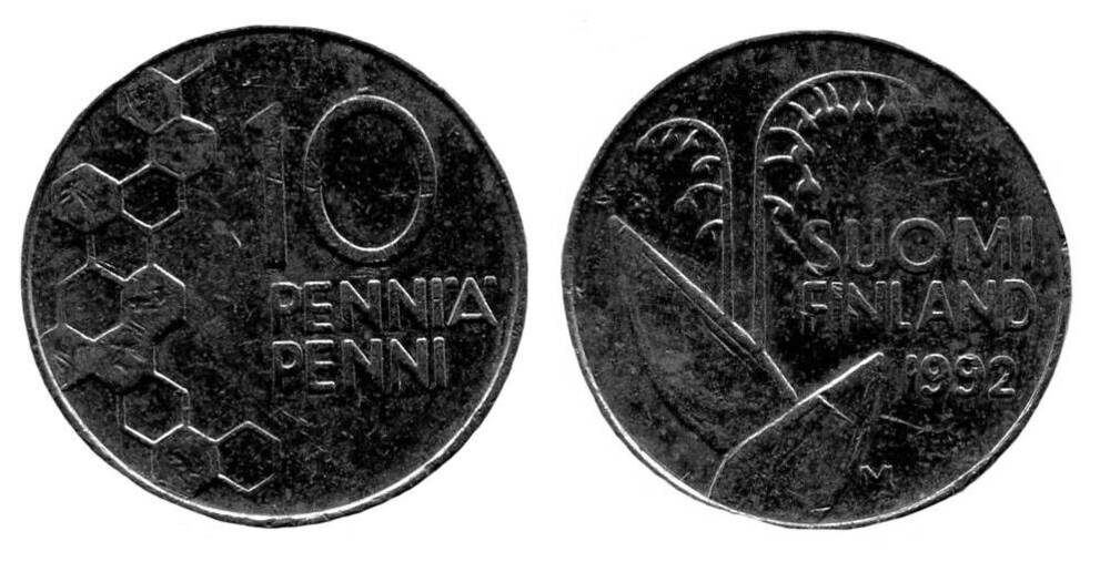 Монета. 10 PENNIÄ (10 пенни). Республика Финляндия, 1992 г.