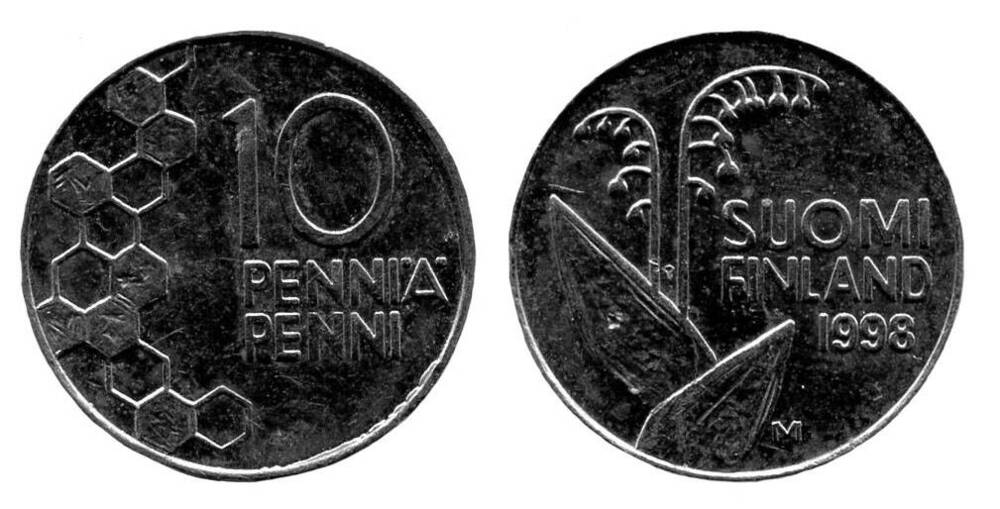 Монета. 10 PENNIÄ (10 пенни). Республика Финляндия, 1998 г.