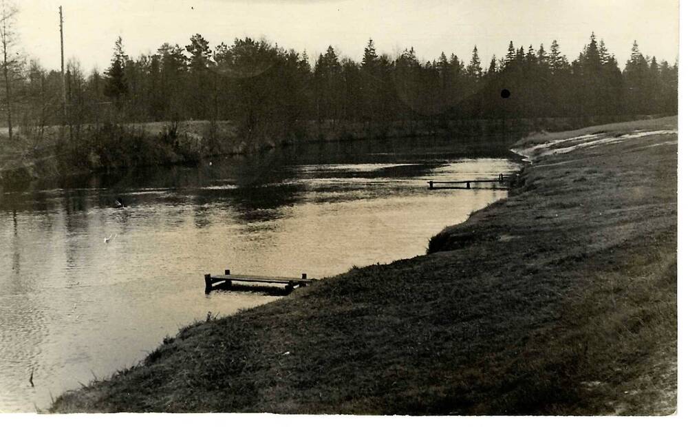 Фото река и два деревянных мостка на ней.
