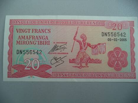 Банкнота: Купюра Бурунди достоинством 20 франков.