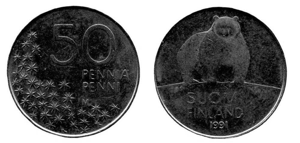 Монета. 50 penniä (50 пенни). Республика Финляндия, 1991 г.