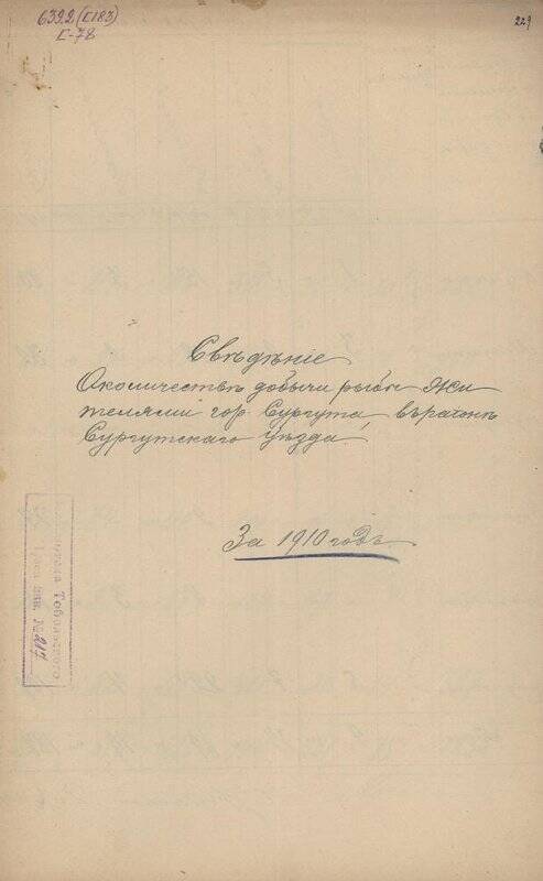 Документ. Сведения о количестве добычи рыбы  жителями г.Сургута, в районе Сургутского уезда в 1910 году.