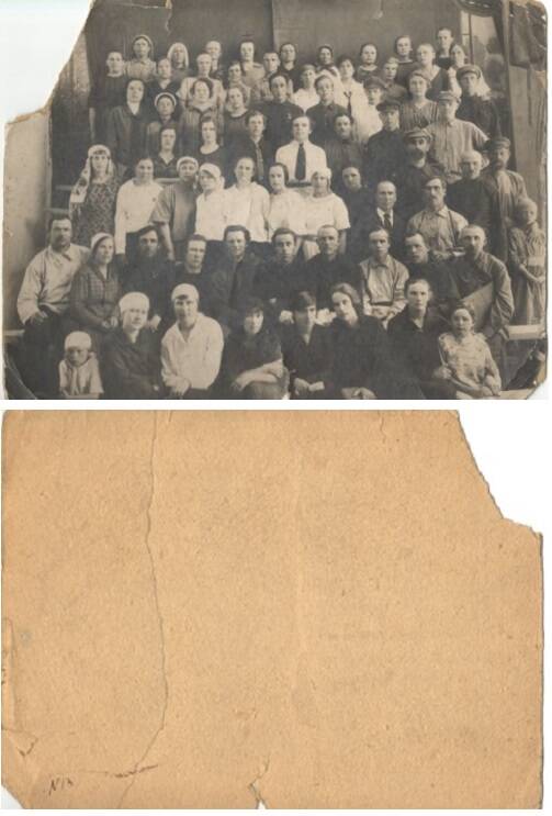 Черно-белая фотография. Коллективный портрет. Губина (Курбатова) Ю.Н. в последнем ряду, 4-я слева. Из архива Курбатовых.