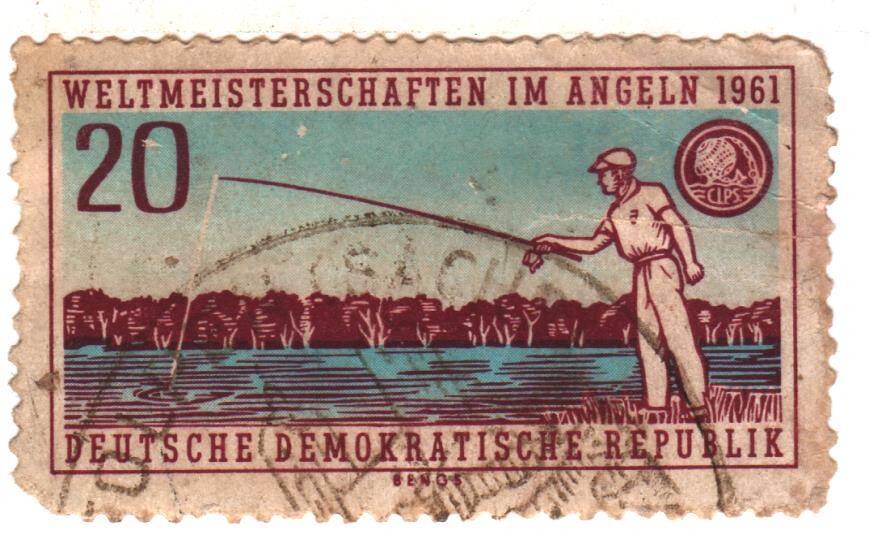 Марка почтовая немецкая weltmeisterschaften im angeln 1961 (чемпионат мира по рыбалке в 1961г.) номиналом 20.