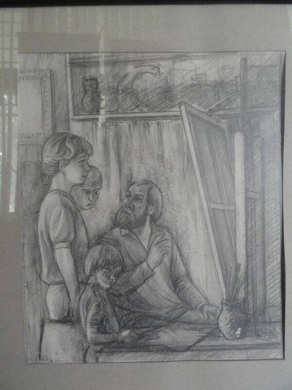 Коллаж из эскизов к двум вариантам картины «Учитель и дети». Эскиз №1 (Тихонов)