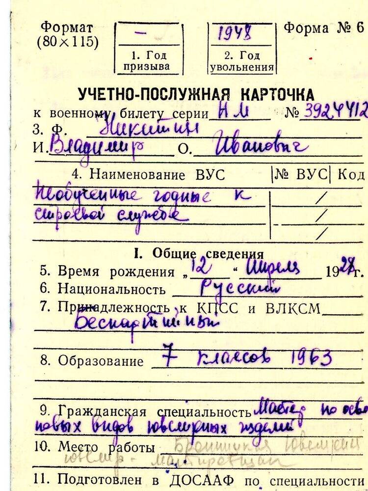 учетно-послужная карточка Никитина Владимира Ивановича.