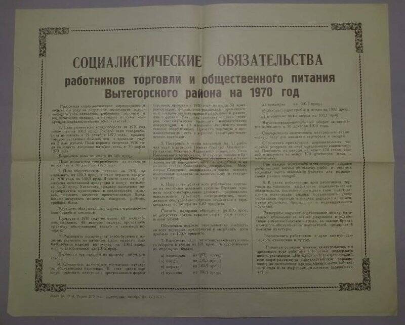 Социалистическое обязательство работников торговли и общественного питания Вытегорского района на 1970 г.