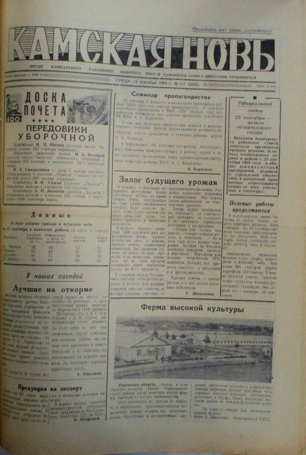 Газеты Камская новь за 1969 год, орган Камбарского райсовета и  РККПСС, с №1 по №66, с №68 по №156. №115.