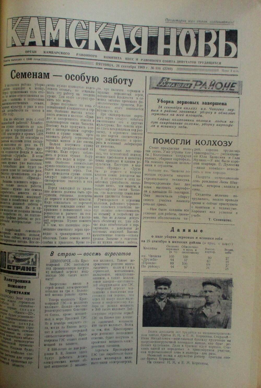 Газеты Камская новь за 1969 год, орган Камбарского райсовета и  РККПСС, с №1 по №66, с №68 по №156. №116.