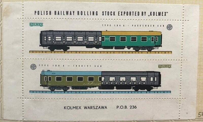 Сувенирный лист «Польский железнодорожный подвижной состав экспортирует «Kolmex». Рекламные марки компании «Kolmax».
