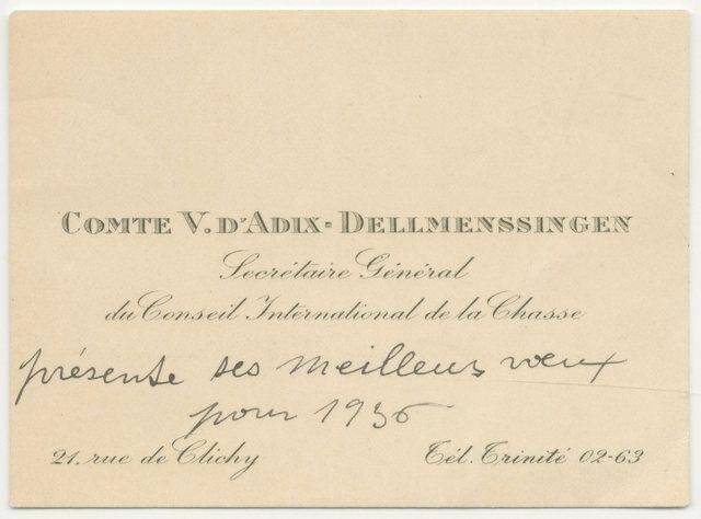 Визитная карточка графа А. Дельменсингена, генерального секретаря Международного совета по охоте, вручённая Бутурлину С.А., 1936 г.