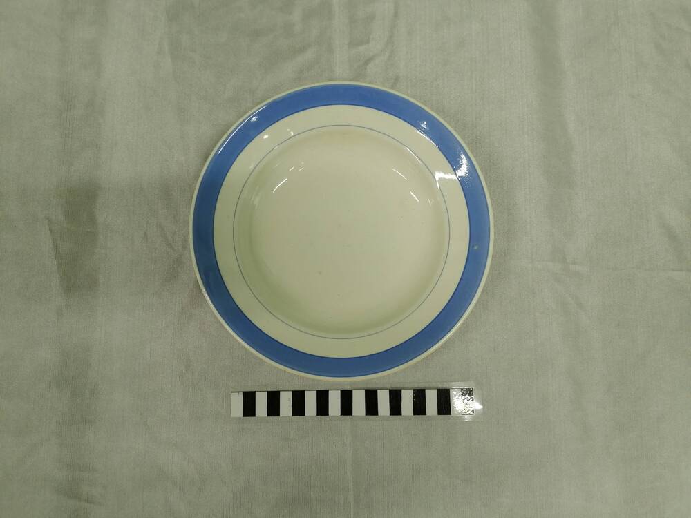Тарелка глубокая, белая с голубым ободком ФЗ Саракташ СССР