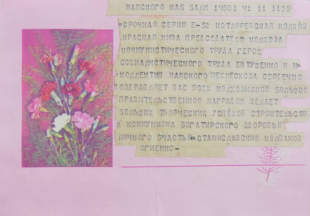 Поздравительная телеграмма от коллектива Майского мехлесхоза.