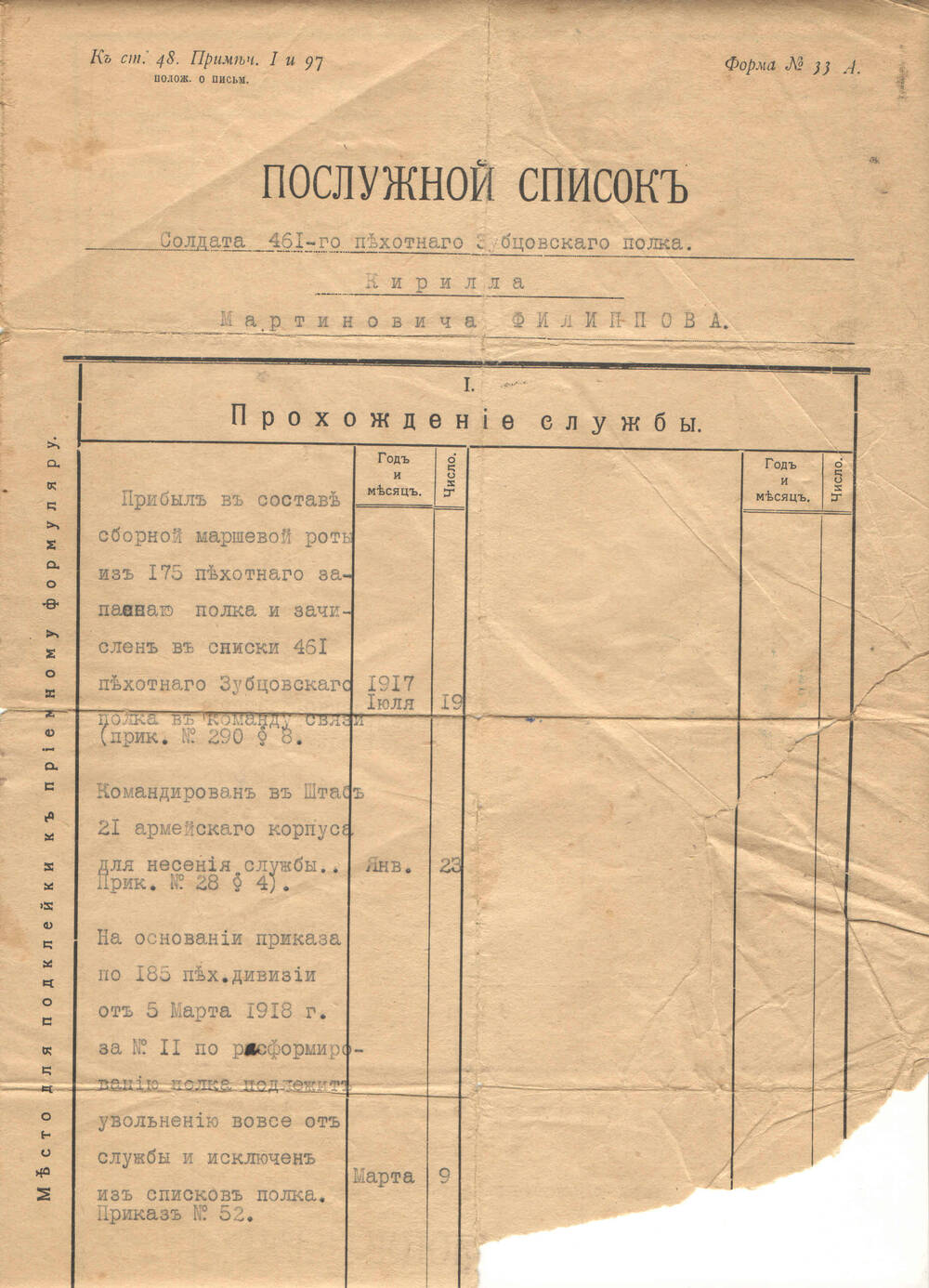 Послужной список солдата 451-го пехотного Зубцовского полка Филиппова К.М. от 1918 года