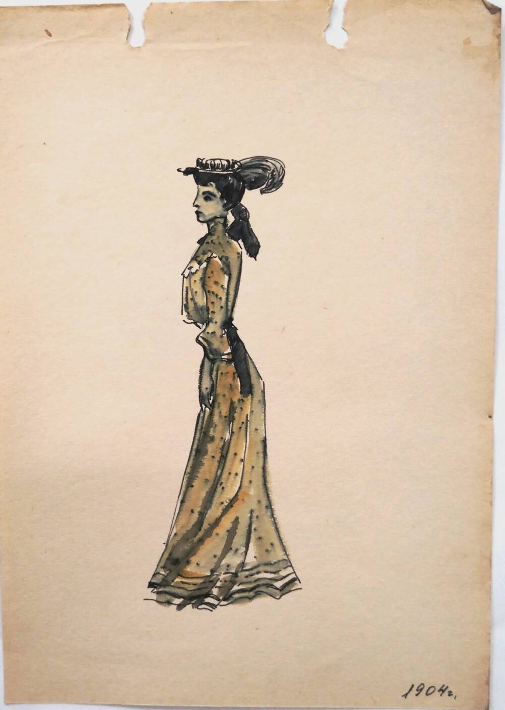 Чернышова Г.А.  Эскиз желтого в горошек женского платья 1904 г. в комплекте со шляпкой.