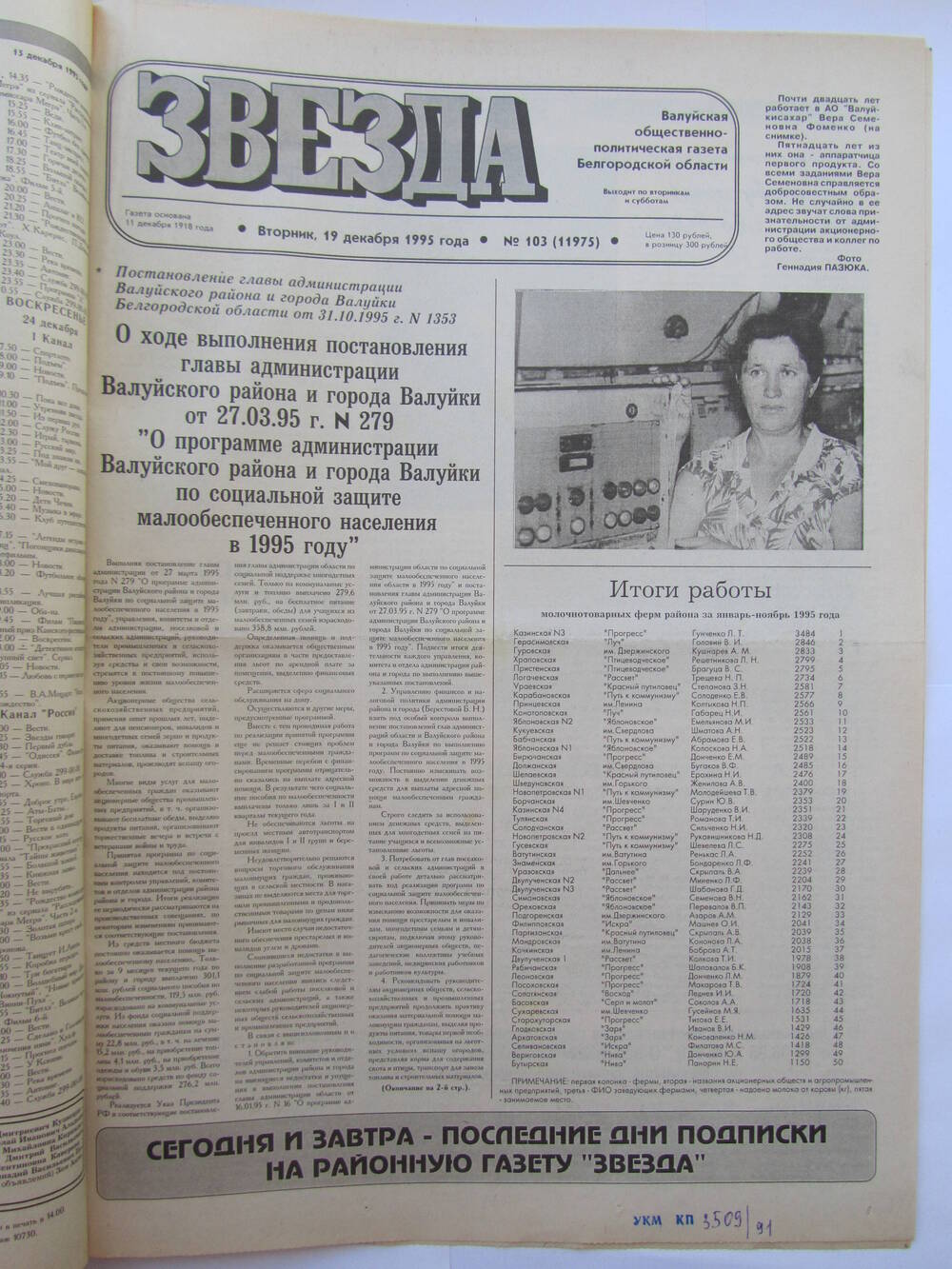 Газета Звезда №103 от 19.12.1995 г