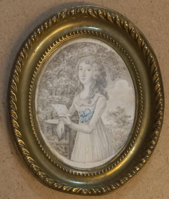 Портрет девушки с письмом в руке. В рамке под стеклом. Рисунок