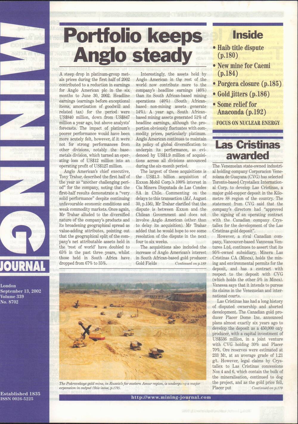Газета Майнинг Издательство Лондон, 13 сентября 2002 года.