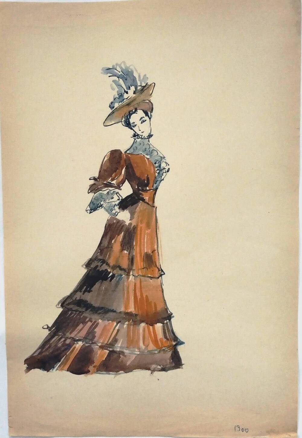 Чернышова Г.А.  Эскиз женского костюма в терракотовых тонах  1900 года.