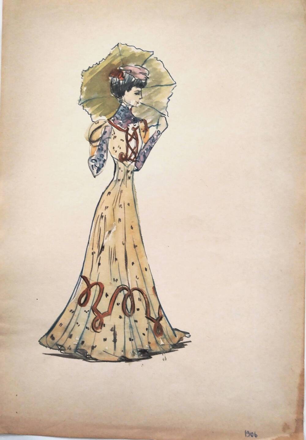Чернышова Г.А.  Эскиз женского платья, украшенного орнаментом в желто-зеленых тонах в комплекте с зонтиком 1906 года.