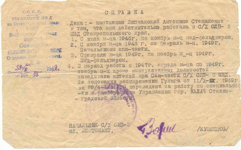 Справка №45 Липчанской Антонине Степановне в том, что она работала в с/х ОЛП-3 МВД Ставропольского края с июля 1946 года и была переведена по распоряжению Гулага от 11.10.1949 г. по специальности, в распоряжение Управления города Калач Сталинградской области