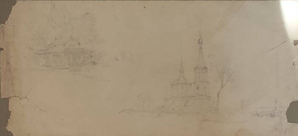 Рисунок. Изображение православного храма и сельского домика. Саврасов А.К.