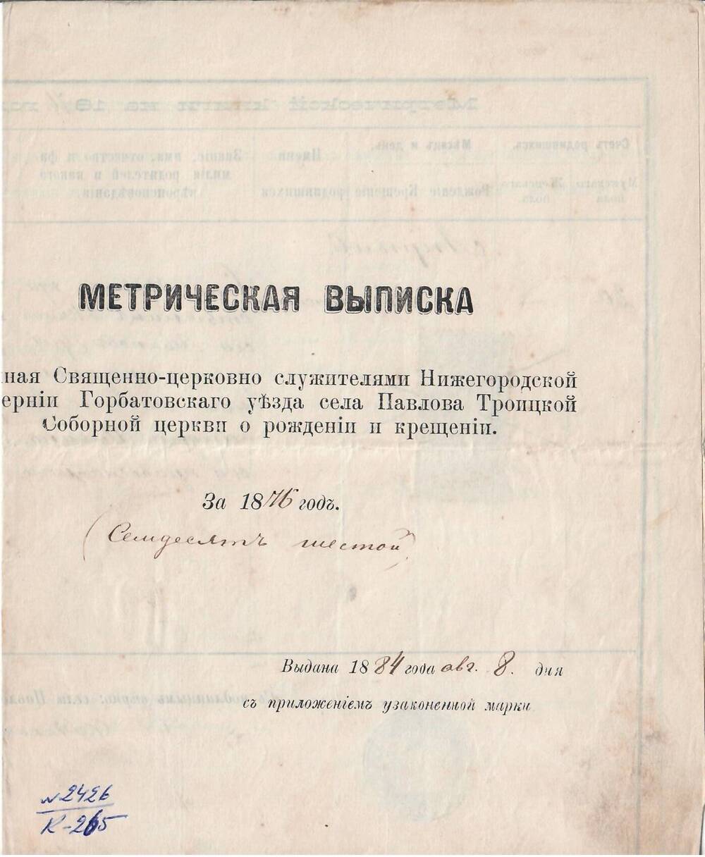 Метрическая выписка о рождении  и крещении В.М.Прядилова.