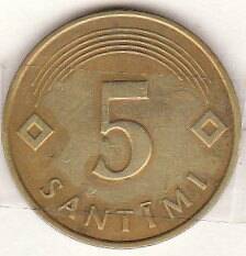 Монета  5 SANTIMI 1992 г. Латвия.