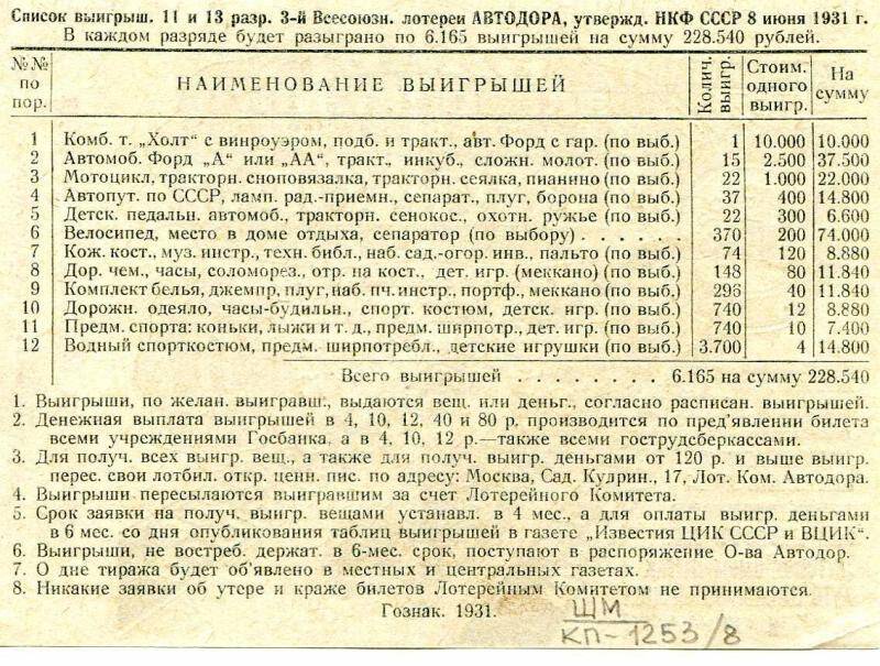 Лотерейный билет. 3-я Всесоюзная авто-мото-вело-лотерея Автодора 1 рубль. СССР