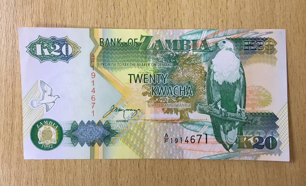 Бумажная банкнота 20 квач Республика Замбиа