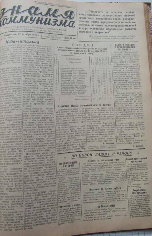 газета. Знамя коммунизма № 71 за 27 октября 1946 г