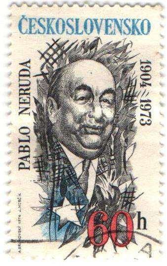 Марка почтовая Чехословакии 60 h. PABLO NERUDA. 1904-1973.