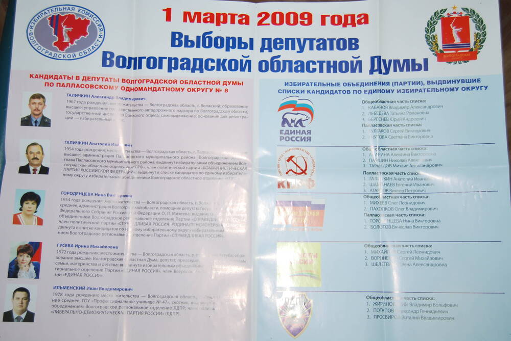 Плакат 1 марта 2009 года Выборы депутатов Волгоградской областной Думы