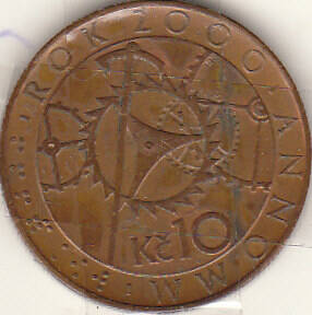 Монета  10 ед 2000 г. Чехия.