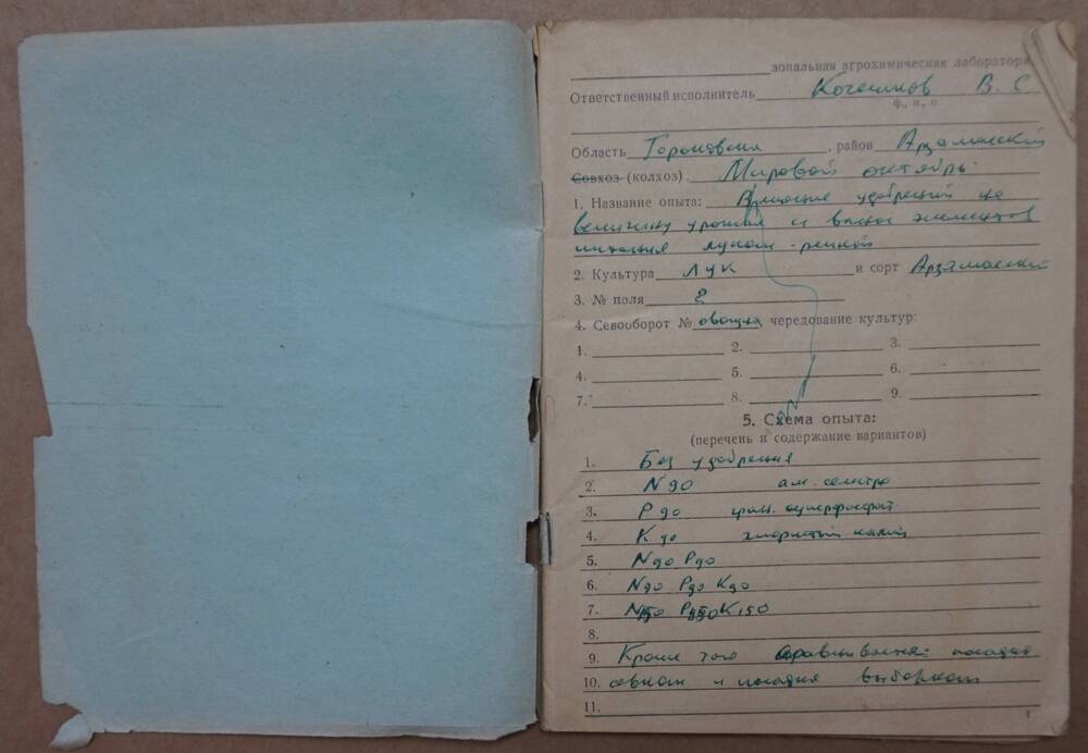 Документ. Журнал полевого опыта  колхоза «Мировой октябрь» за 1968 год.