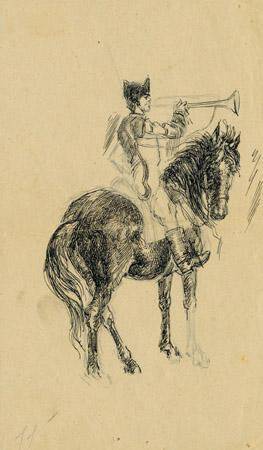 Набросок фигуры трубящего всадника на коне.