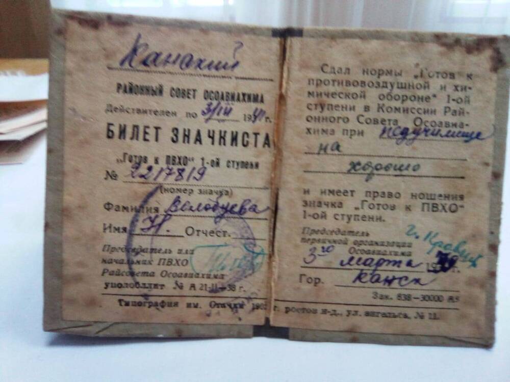 Билет значкиста Готов к ПВХО I ступени Волобуевой Н. от 03.03.1939г.