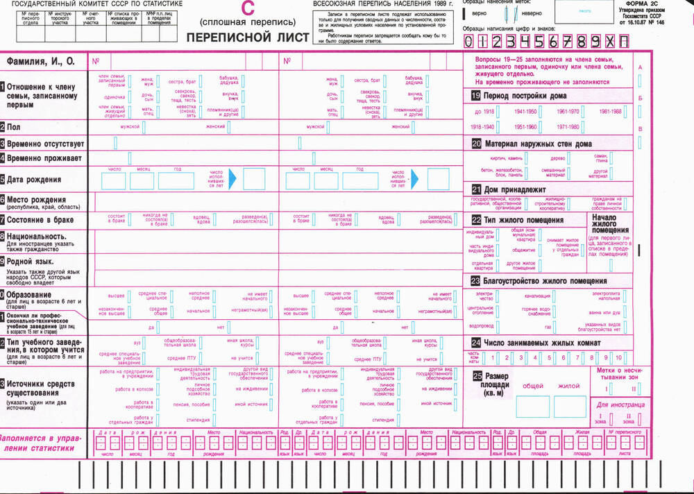 Переписной лист (сплошная перепись) Всесоюзной переписи населения 1989 год