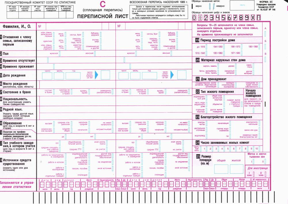 Переписной лист (сплошная перепись) Всесоюзной переписи населения 1989 год