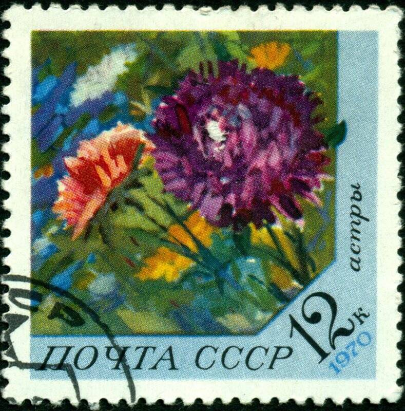 Марка почтовая. 1970 г. Достоинством 12 копеек. Астры. СССР