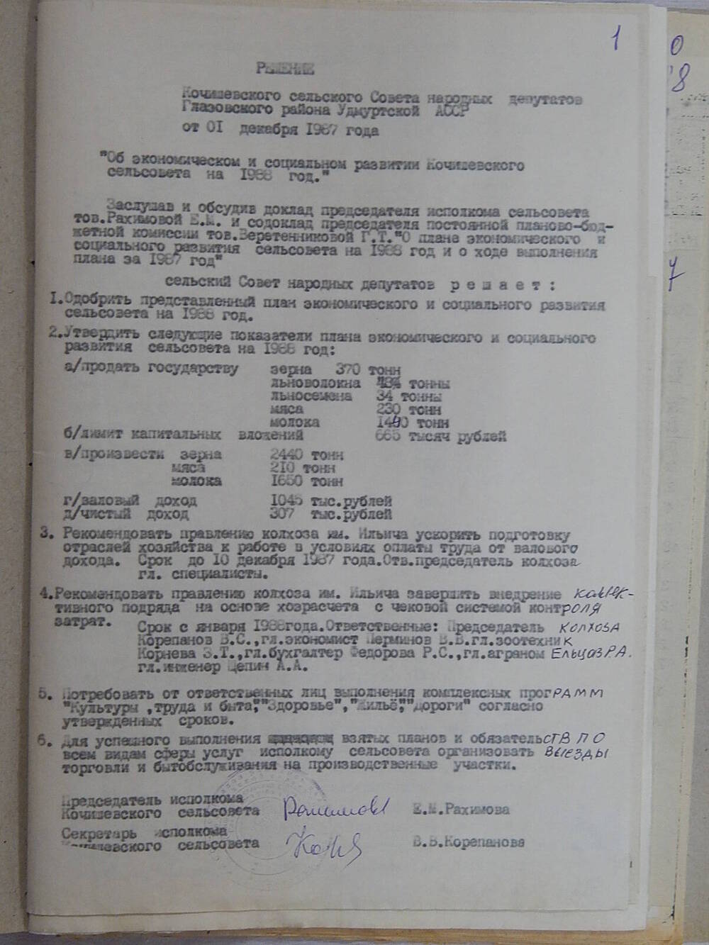 Решение Кочишевского с/с народных депутатов от 1 декабря 1987 г.