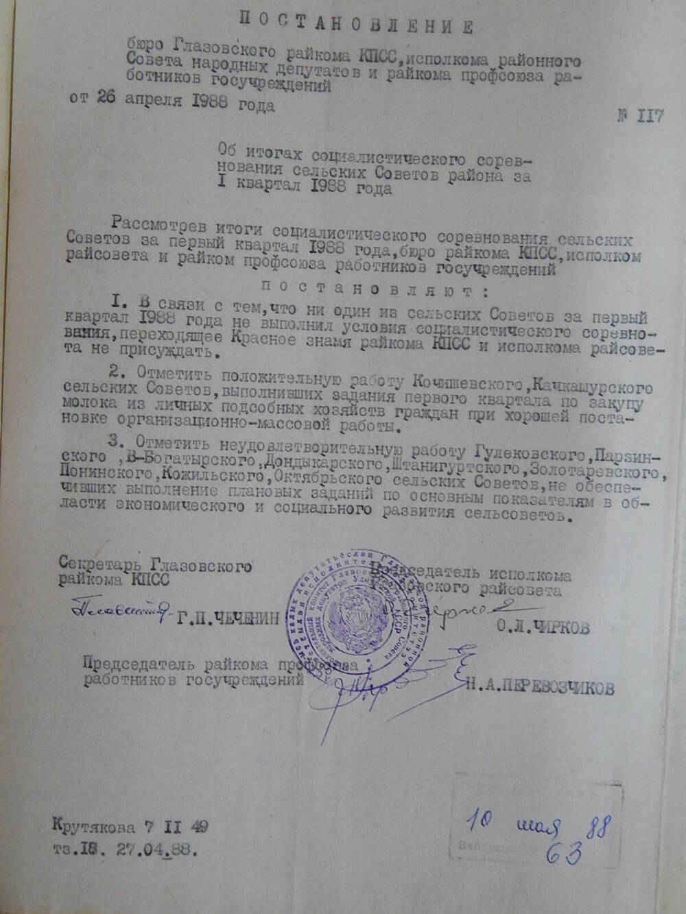 Постановление бюро Глазовского райкома КПСС от 26.04.1988 г.