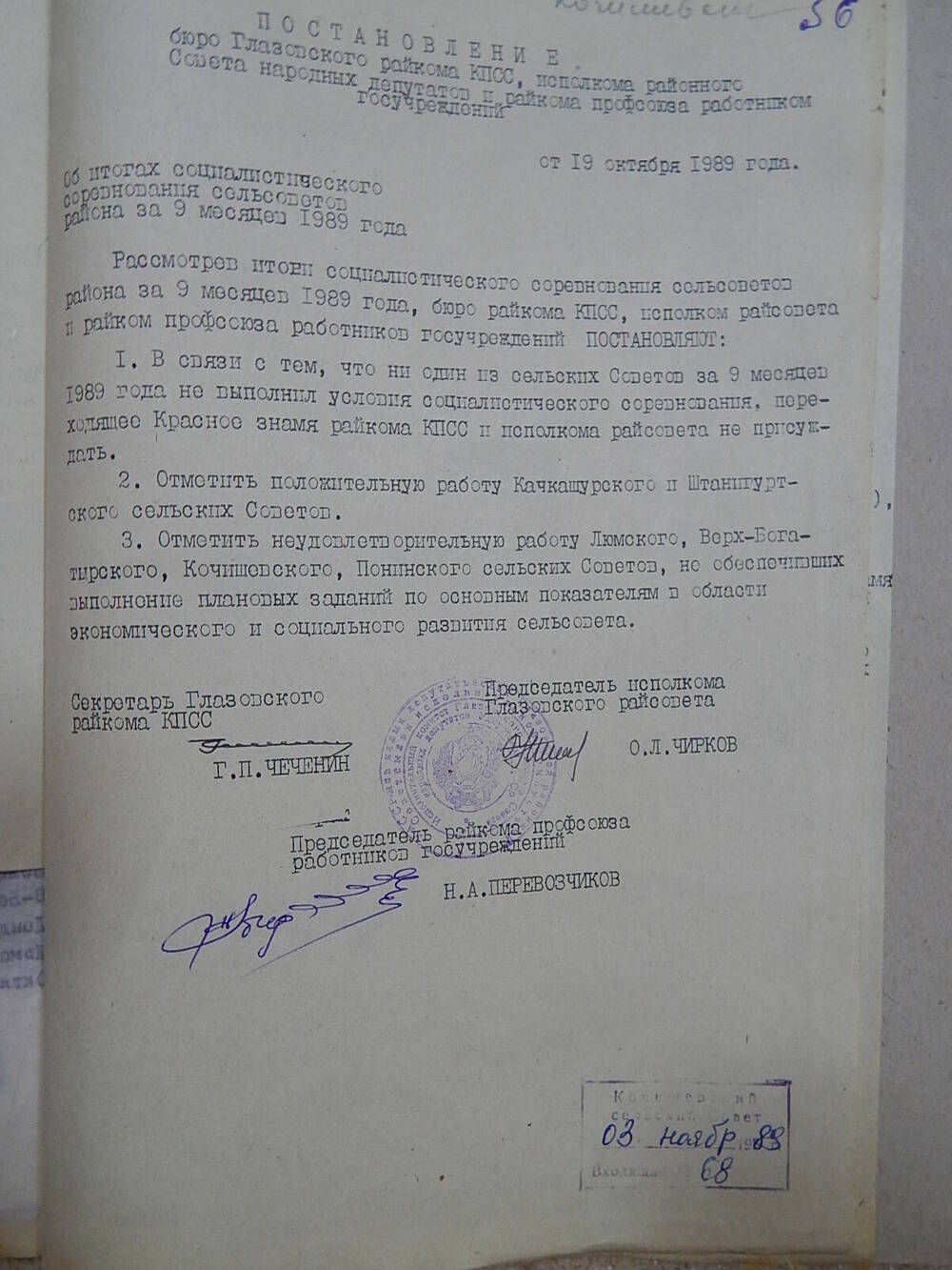 Постановление бюро Глазовского райкома КПСС от 19 октября 1989 г.